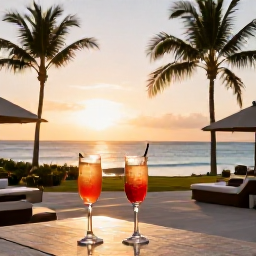 Caribbean Holidays, January Spa Breaks, Elegant Grenada resort terrace at sunset with two glasses of sparkling drink, palm trees and Caribbean sea views