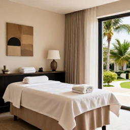 Caribbean Holidays, January Spa Breaks, Elegant Puerto Rico spa resort treatment room with natural light, neutral colours, fresh towels and tropical greenery