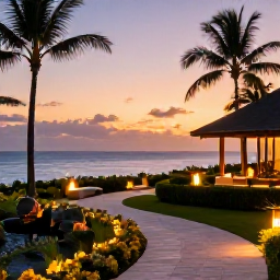 Caribbean Holidays, January Spa Breaks, Elegant Saint Lucia resort at sunset with a spa garden, palm trees, warm lights and views across the Caribbean Sea