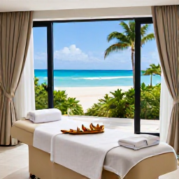 Caribbean Holidays, January Spa Breaks, Elegant spa treatment room overlooking a Caribbean beach in Sint Maarten, with natural light, soft towels and tropical greenery