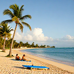 Caribbean Holidays, January Spa Breaks, Golden sandy beach on Saint Kitts with palm trees, calm turquoise water and a couple relaxing near the shoreline