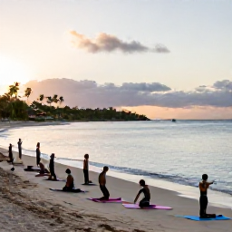 Caribbean Holidays, January Spa Breaks, Holidaymakers enjoying a gentle beachfront yoga session at sunrise on a Caribbean beach in the United States Virgin Islands