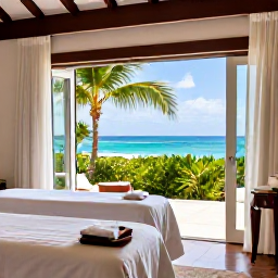 Caribbean Holidays, January Spa Breaks, Luxury beachfront spa treatment room in Saint Kitts with open windows, tropical greenery and glimpses of the Caribbean Sea