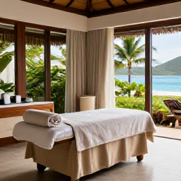 Caribbean Holidays, January Spa Breaks, Luxury spa treatment room at a Saint Barth&eacute;lemy resort, soft natural light, calm neutral colours, tropical greenery
