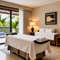 Caribbean Holidays, January Spa Breaks, Luxury spa treatment room at a Saint Lucia resort, warm natural light, tropical greenery and calm neutral interiors