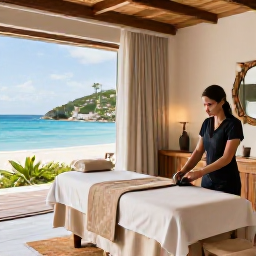 Caribbean Holidays, January Spa Breaks, Luxury spa treatment room overlooking a Caribbean beach on St Thomas, with natural materials, soft light and a professional therapist