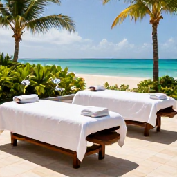 Caribbean Holidays, January Spa Breaks, Open-air Barbados spa setting overlooking turquoise sea, with treatment beds, tropical greenery and calming natural colours