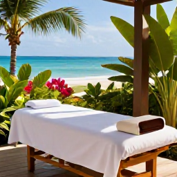 Caribbean Holidays, January Spa Breaks, Open-air Grenada spa with a massage table, tropical plants and views towards the Caribbean Sea