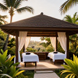 Caribbean Holidays, January Spa Breaks, Open-air spa pavilion surrounded by lush tropical gardens on Tobago, with massage beds, palms and soft morning light