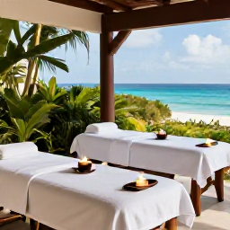 Caribbean Holidays, January Spa Breaks, Open-air spa treatment overlooking the Caribbean Sea on Cura&ccedil;ao, with candles, treatment beds and tropical greenery