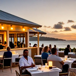 Caribbean Holidays, January Spa Breaks, Outdoor Caribbean restaurant in Grand Case, Saint Martin, serving fresh seafood at sunset with warm lights and relaxed guests