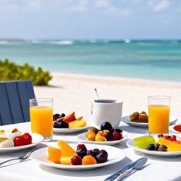 Caribbean Holidays, January Spa Breaks, Outdoor healthy breakfast at an Aruba resort overlooking the sea, with fresh tropical fruit, juice and a relaxed table setting