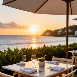 Caribbean Holidays, January Spa Breaks, Outdoor restaurant in Marigot Saint Martin serving fresh Caribbean and French-inspired food at sunset