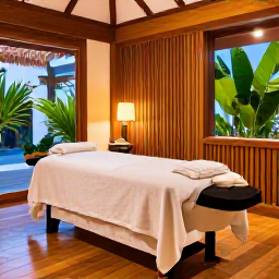 Caribbean Holidays, January Spa Breaks, Peaceful Aruba resort spa interior with natural wood, soft lighting, tropical plants and a massage table prepared for a treatment