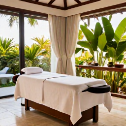 Caribbean Holidays, January Spa Breaks, Peaceful luxury spa setting at a Caribbean resort in Saint Martin, with treatment room, tropical greenery and soft morning light