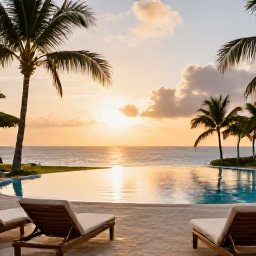 Caribbean Holidays, January Spa Breaks, Peaceful Saint Kitts and Nevis resort at sunset with palm-lined pool, comfortable loungers and warm Caribbean light