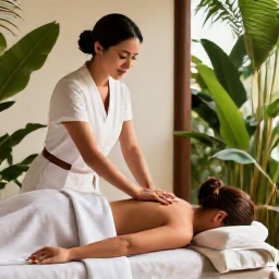 Caribbean Holidays, January Spa Breaks, Professional massage treatment in a serene Dominican Republic spa, with natural textures, soft lighting and tropical greenery
