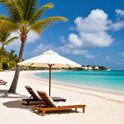 Caribbean Holidays, January Spa Breaks, Quiet sandy beach and turquoise water in Saint Barth&eacute;lemy on a sunny January day, palm trees and elegant beach loungers