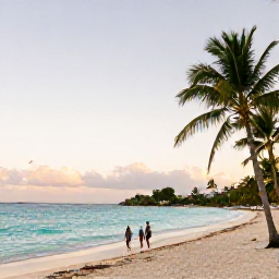 Caribbean Holidays, January Spa Breaks, Quiet sandy Caribbean beach near Saint Martin with turquoise water, palm trees and a couple walking at sunset