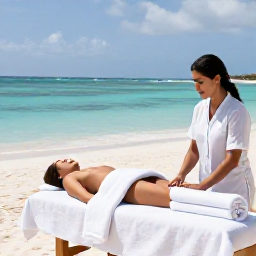 Caribbean Holidays, January Spa Breaks, Relaxing beachfront spa treatment in Aruba, with a calm turquoise sea, white sand and a therapist preparing towels