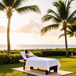 Caribbean Holidays, January Spa Breaks, Relaxing luxury spa treatment in a bright tropical Barbados resort, with palm trees and soft ocean light