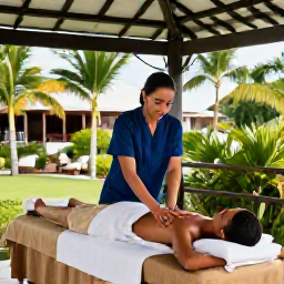 Caribbean Holidays, January Spa Breaks, Spa therapist giving a relaxing massage in an open-air treatment pavilion overlooking a tropical garden in Saint Barth&eacute;lemy