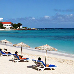 Caribbean Holidays, January Spa Breaks, Sunny white-sand beach in Saint Martin with loungers, clear turquoise water and visitors enjoying a calm January day