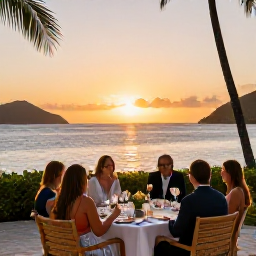 Caribbean Holidays, January Spa Breaks, Sunset dinner beside the sea at a Caribbean resort in the U.S. Virgin Islands, with relaxed guests and warm evening light