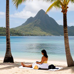 Caribbean Holidays, January Spa Breaks, Traveller relaxing on a Saint Lucia beach after a spa treatment, palm trees, calm turquoise sea and distant green mountains
