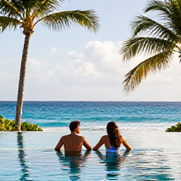 Caribbean Holidays, January Spa Breaks, Travellers relaxing beside an infinity pool overlooking the Puerto Rican coastline, palm trees and blue Caribbean sea in warm January sunshine