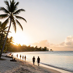 Caribbean Holidays, January Spa Breaks, Travellers walking along a quiet sandy beach near Pigeon Point in Tobago at sunrise, palm trees and clear Caribbean water