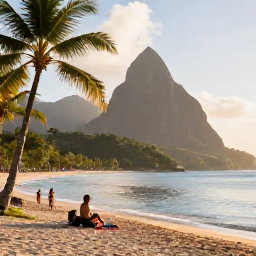Caribbean Holidays, January Spa Breaks, Visitors enjoying a calm beach morning in Saint Lucia, with soft sand, palm-fringed coastline and the green Pitons in the distance
