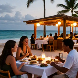 Caribbean Holidays, January Spa Breaks, Visitors enjoying a relaxed evening at a Dominican Republic beachfront restaurant, with local food, lanterns and a peaceful tropical setting