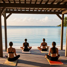 Caribbean Holidays, January Spa Breaks, Visitors practising gentle yoga on a shaded beach platform in Grand Cayman at sunrise, with calm blue water behind them