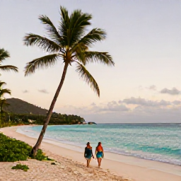 Caribbean Holidays, January Tours, A couple walking along a quiet British Virgin Islands beach in January, with palm trees, turquoise sea and warm evening light