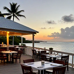 Caribbean Holidays, January Tours, A friendly waterfront restaurant in Cruz Bay on Saint John at evening, with outdoor tables, local food and a warm Caribbean sunset