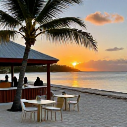 Caribbean Holidays, January Tours, A relaxed beach bar at sunset on Jost Van Dyke in the British Virgin Islands, with tables, palm trees and calm Caribbean water