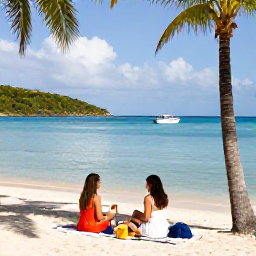 Caribbean Holidays, January Tours, A relaxed beach picnic beside calm turquoise water in the British Virgin Islands, with palm trees and a small boat offshore