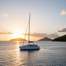 Caribbean Holidays, January Tours, A sunset sailing catamaran near the United States Virgin Islands, with guests relaxing on deck, golden light on the sea and green islands in the distance