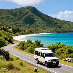 Caribbean Holidays, January Tours, A traditional open-air safari taxi tour travelling along a green coastal road on Saint John, with views towards turquoise bays and forested hills