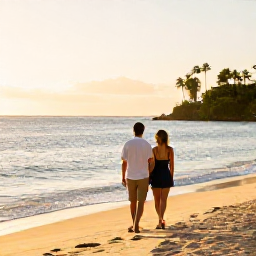 Caribbean Holidays, January Tours, Couple enjoying a relaxed January holiday at a Dominican Republic beachfront resort during golden afternoon light