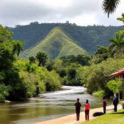 Caribbean Holidays, January Tours, Dominican Republic countryside excursion with lush tropical hills, a river and visitors enjoying an outdoor adventure