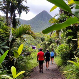 Caribbean Holidays, January Tours, Guided rainforest walk near a waterfall on Saint Vincent, with tropical plants, volcanic mountains and visitors exploring a forest trail