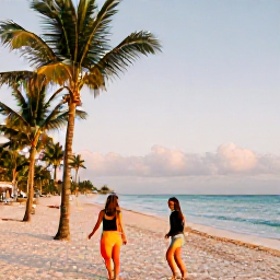 Caribbean Holidays, January Tours, Happy travellers relaxing at a Dominican Republic beachfront resort at sunset with palm trees and warm golden light