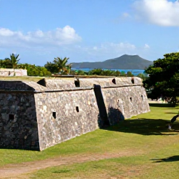 Caribbean Holidays, January Tours, Historic Brimstone Hill Fortress on Saint Kitts with stone walls, tropical vegetation and distant Caribbean views