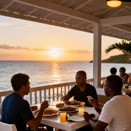 Caribbean Holidays, January Tours, Outdoor Caribbean restaurant at sunset with local Saint Kitts food, friendly diners and warm island atmosphere