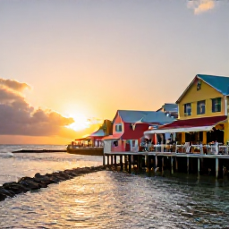 Caribbean Holidays, January Tours, Relaxed waterfront restaurant in the Grenadines at sunset, with local Caribbean food, colourful buildings and visitors dining by the sea
