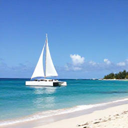Caribbean Holidays, January Tours, Small catamaran sailing in clear turquoise water near a sandy Caribbean beach on Saint Kitts