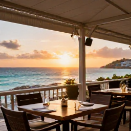 Caribbean Holidays, January Tours, Sunset over a Caribbean restaurant terrace in Saint Martin, with tables overlooking the sea and warm evening light