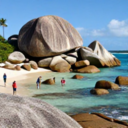Caribbean Holidays, January Tours, The Baths on Virgin Gorda in January, showing giant granite boulders, a sandy beach and visitors exploring the rock pools